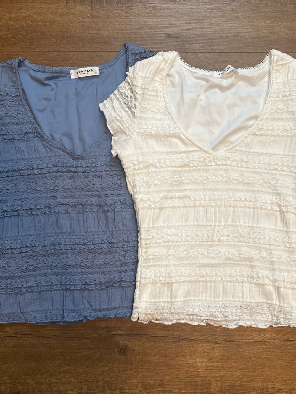 Women's V-Neck Lace-Trim Top — Blue and White